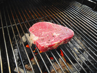 Piece of raw pork on picnic barbecue grill oven waiting to be cooked.