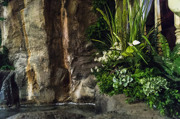 Fountain inside the room with plants and flowers