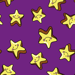 Seamless pattern with cute smiling stars on blue background.