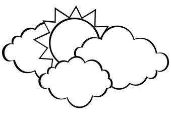 Clouds and sun. Vector. Contour. Black and white. Free space