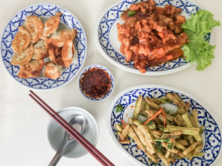 Sichuan Chinese food set on white table. Sichuan or Chuan cuisine is a style of Chinese cuisine originating from Sichuan province in China