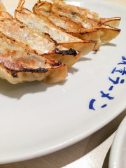 Gyoza japanese fried dumplings on white dish. Gyoza is traditional Japanese fried dumpling with fillings served with sour soy sauce.