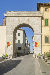Fototapeta na wymiar The ancient Porta Rivellini which gives access to the historic center of Chianciano Terme, Siena, Tuscany, Italy