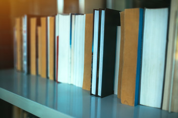 Books on library shelf through window