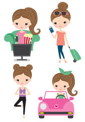 Vector of woman life activity including watching tv, traveling, doing yoga, and driving.