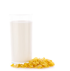 Cornflakes and milk on white background
