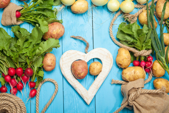 Fresh vegetables on a rustic blue background