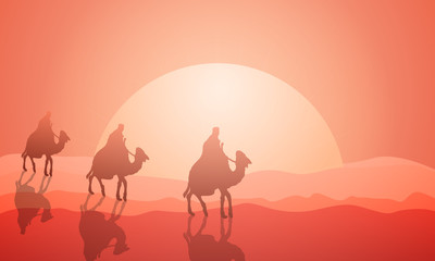 Three wanderers on camels in the desert