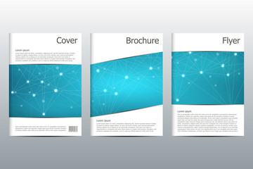 Brochure template layout, flyer, cover, annual report, magazine in A4 size. Structure of molecular particles and atom. Polygonal abstract background. Vector illustration.