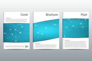 Fototapeta premium Brochure template layout, flyer, cover, annual report, magazine in A4 size. Structure of molecular particles and atom. Polygonal abstract background. Vector illustration.