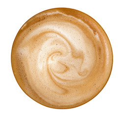 Fototapeta premium Top view of hot coffee latte cappuccino spiral foam isolated on white background, clipping path included