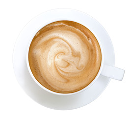 Top view of hot coffee latte cappuccino spiral foam isolated on white background, clipping path included - obrazy, fototapety, plakaty