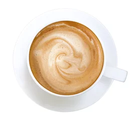 Foto op Plexiglas Top view of hot coffee latte cappuccino spiral foam isolated on white background, clipping path included © Venus