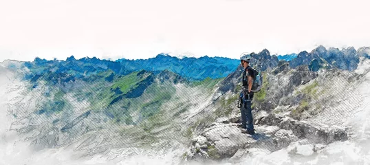Fototapeten Panoramabanner eines Bergsteigers auf einem Gipfel © XtravaganT