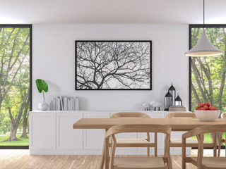 Modern white dining room 3d render image. There are wooden floor .There are large window overlooking to the garden and nature and furnished with wood furniture
