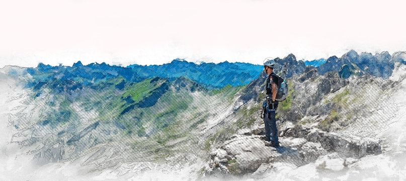 Panorama banner of a mountaineer on a summit