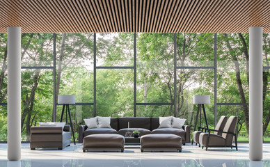 Modern living room interior with garden view 3d rendering image.There are white floor,wood lattice ceiling and large window overlooking the surrounding garden and nature