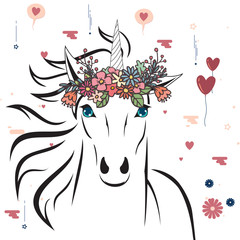 Unicorn with flower crown. Vector illustration