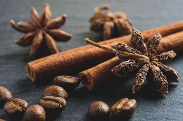 Ingredients: anise star, cinnamon sticks and coffee beans