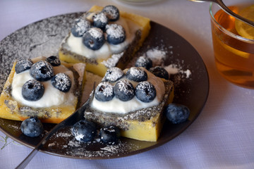 Homemade cake with blueberries, ground poppy and cottage cheese.