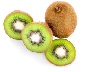 Obraz premium Ripe whole kiwi fruit and half kiwi fruit isolated on white background