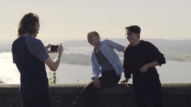 Man Takes Photos Of His Silly Friends Joking Around At A Scenic Vista In The Columbia River Gorge, Oregon