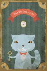 Fototapeta na wymiar Postcard with character of Wonderland. Cheshire cat with key. The inscription Wonderland. Vector poster, card in vintage style