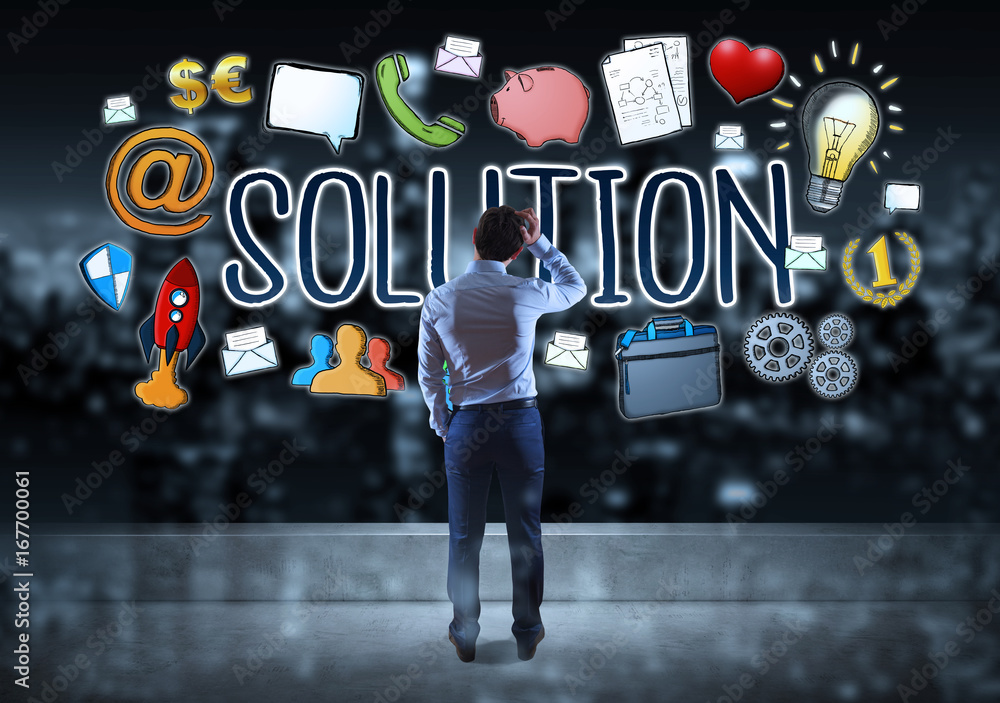 Poster businessman watching business sketch on a rooftop 3d rendering