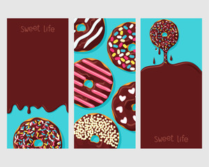 Set of three posters of donuts: donut dripping frosting, donuts with different toppings, and icing flowing down on chocolate donuts 
