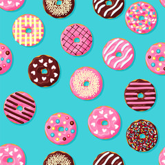 Donut seamless pattern. Pink, chocolate and blue mint donut with different topping on blue background