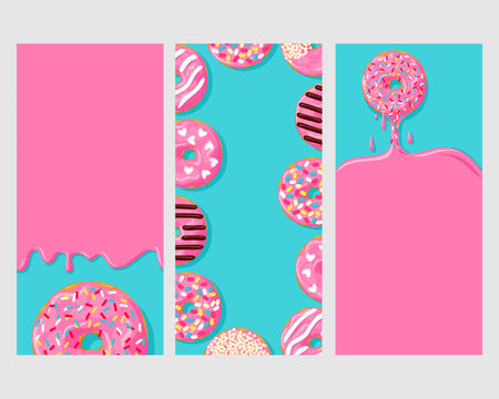Set of three posters of donuts: donut dripping frosting, donuts with different toppings, and icing flowing down on pink donuts