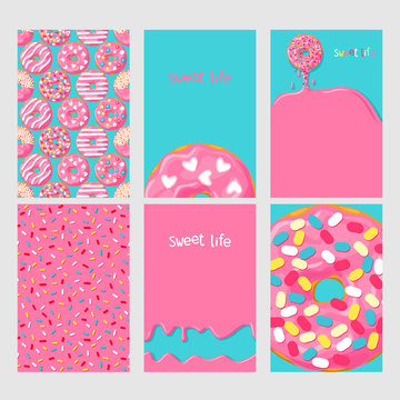 Set of bright food cards. Set of donuts with pink glaze. Donut seamless pattern, background, card, poster.  Donut's glaze pattern, background. Template for design.