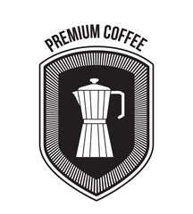 white background of text premium coffee and logo design of decorative shield with silhouette metallic jar of coffee with handle