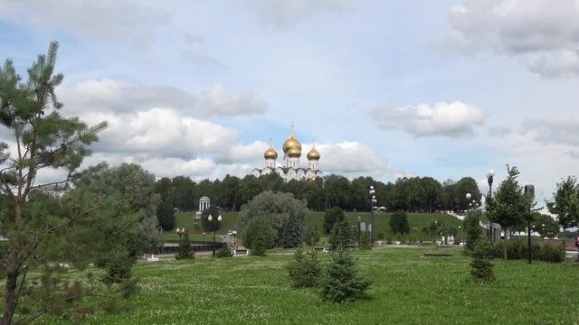 View of the domes of the Uspensky Cathedral on the arrow of the rivers Volga and Kotorosl. Yaroslavl
