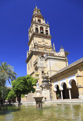 Fototapeta na wymiar CORDOBA, SPAIN - JUNE 30, 2017: Interior garden and Bell Tower of Cathedral of Cordoba whose ecclesiastical name is the Cathedral of Our Lady of the Assumption one of most famous attractions in Spain.