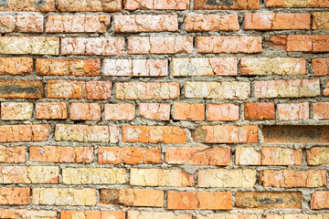 Background of old vintage dirty brick wall with peeling plaster, texture