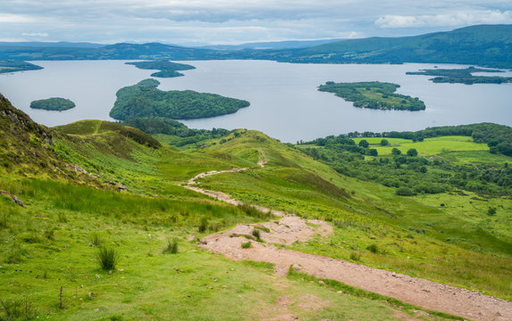 Panoramic sight from Conic Hill, Balmaha, village on the eastern shore of Loch Lomond in the council area of Stirling, Scotland.