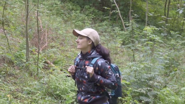 Young Woman travels through forest. Female tourist with a backpack walk through a forest road. Hiking outdoors on nature. Enjoying Nature at Camping.