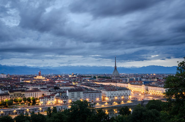 Fototapeta na wymiar Turin high definition panorama with the Mole Antonelliana at twilight