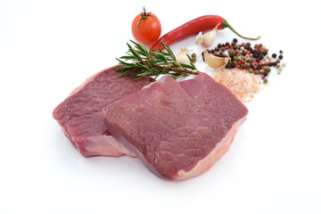 Raw meat, beef steak isolated on white background (rib eye)