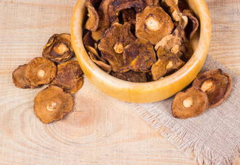 Dried forest mushrooms on a wooden table.