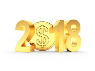 Golden 2018 New Year and coin with dollar sign isolated on a white background. 3D illustration