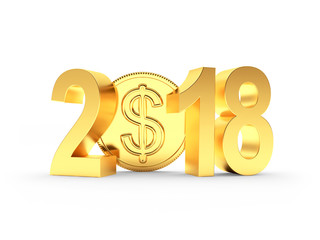 Golden 2018 New Year and coin with dollar sign isolated on a white background. 3D illustration