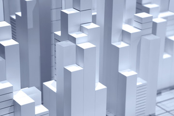Tall blocks city representation carved out of wood