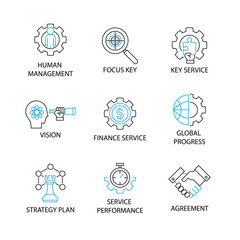 Modern Thin Line Icon and Pictogram with word Human Management, Focus Key,Key Service,vision,Finance Service,Global progress,Strategy plan,Agreement. Business and mangement Concept.