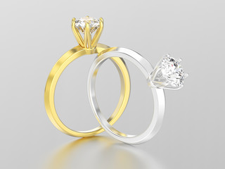 3D illustration two yellow and white gold or silver traditional solitaire engagement diamond rings with reflection