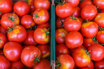 Fresh red tomatoes poured into a box in the market.