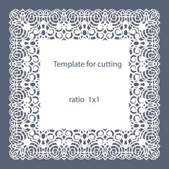Greeting card with openwork border, paper doily under the cake, template for cutting, wedding invitation, decorative plate is laser cut, vector illustrations.