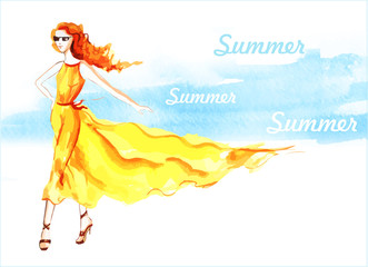 Girl in Yellow Dress. Watercolor painting. summer