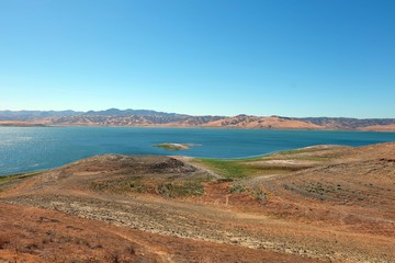 Blue waters of San Luis Reservoir in California on a sunny day